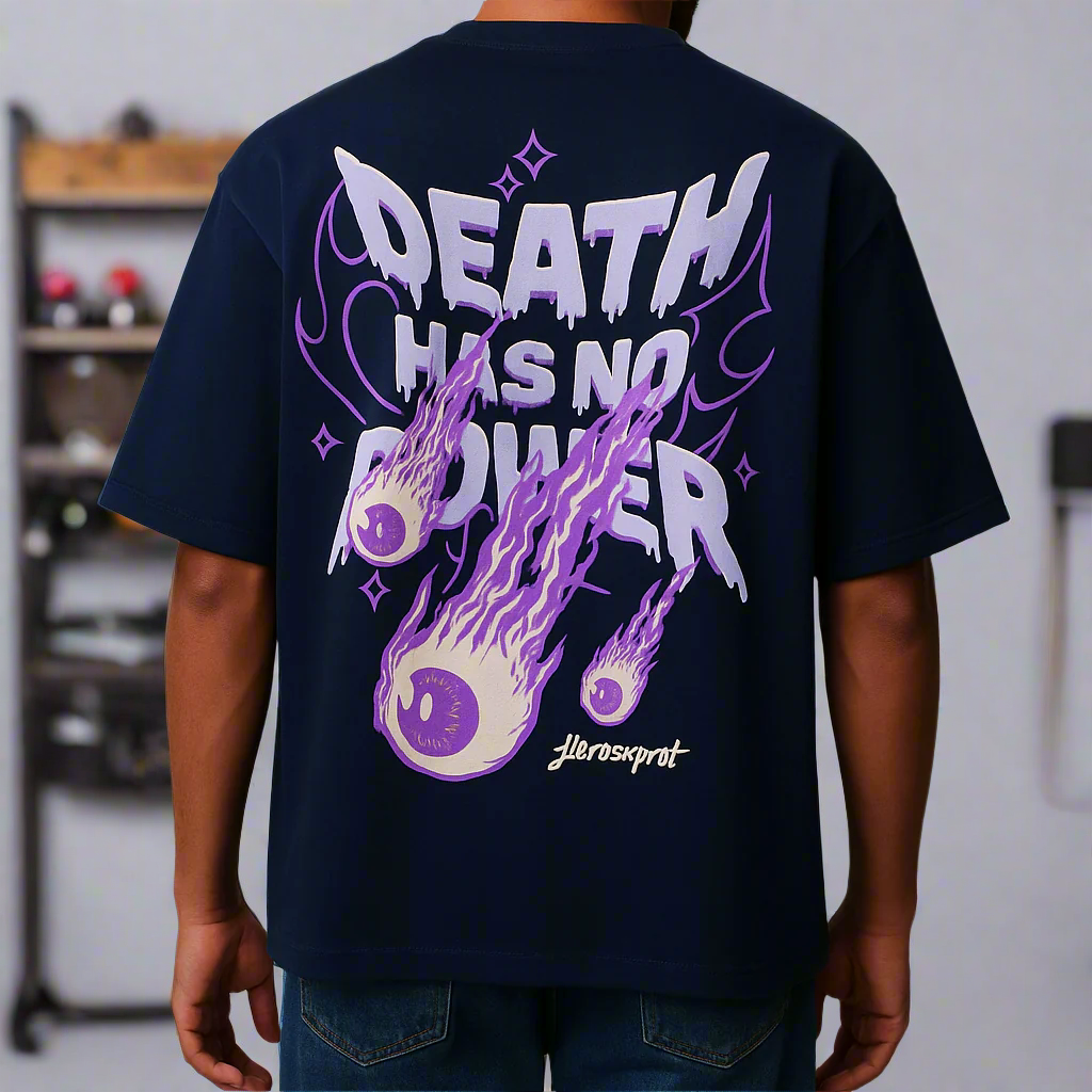 Person wearing a black t-shirt with 'Death Has No Power' graphic design on the back.