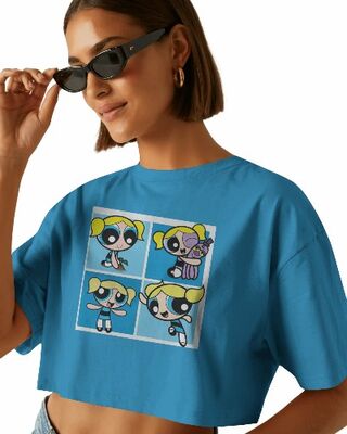 Person wearing a blue t-shirt with cartoon character design