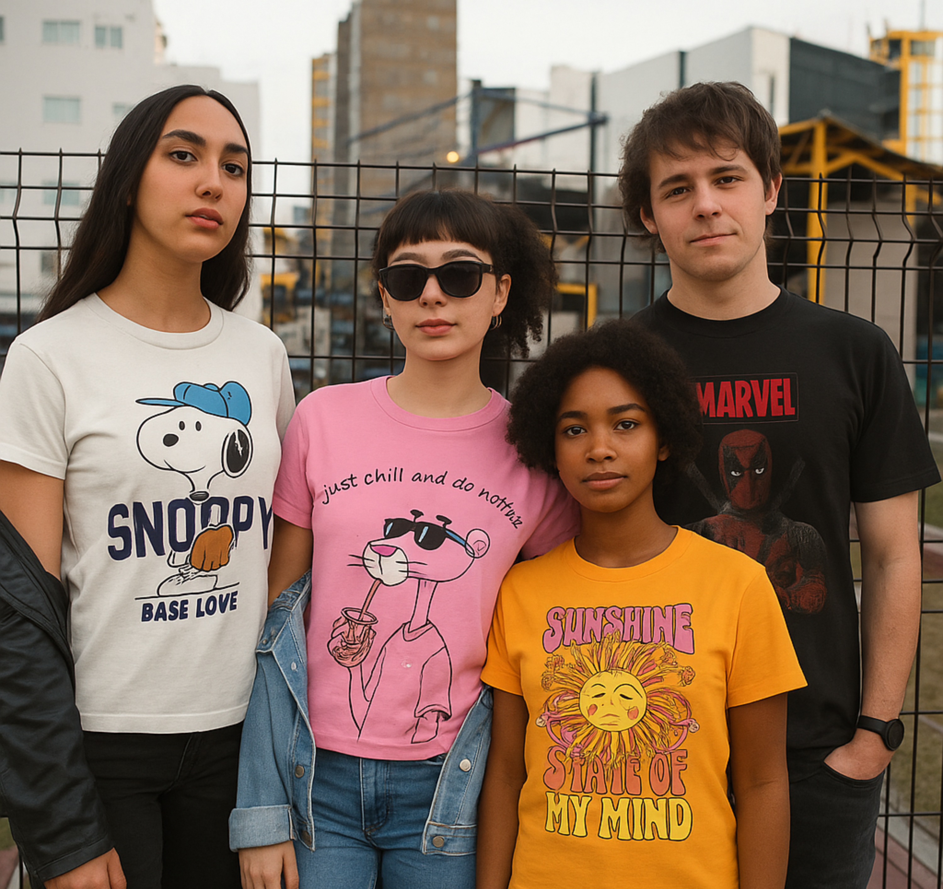 Four friends wearing colorful t-shirts with various designs in an urban setting.