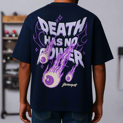 Person wearing a black t-shirt with 'Death Has No Power' graphic design on the back.