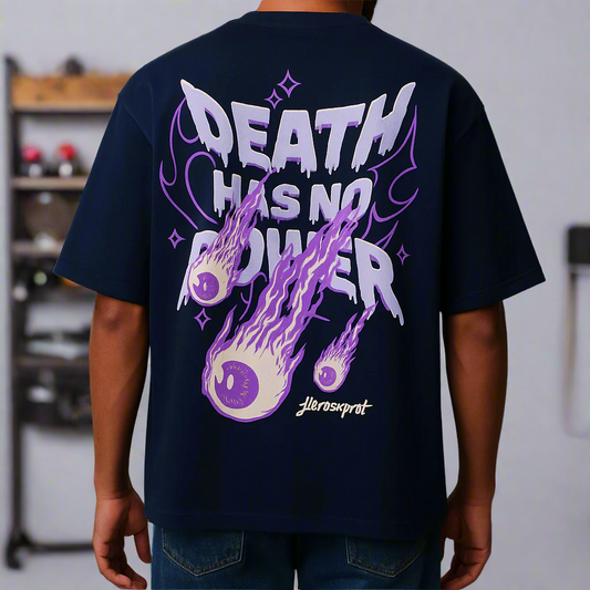 Person wearing a black t-shirt with 'Death Has No Power' graphic design on the back.